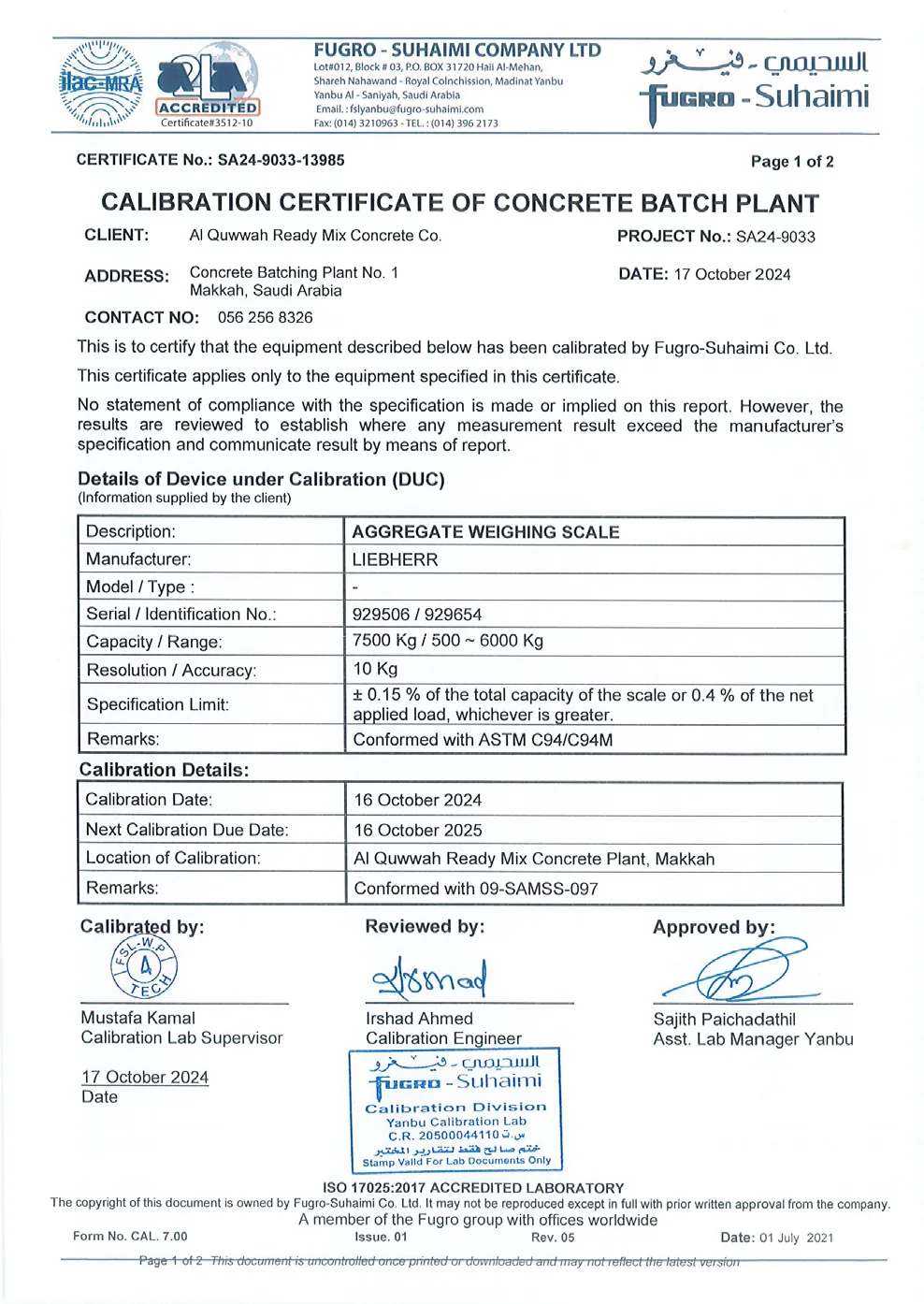 Mixing Plant Standards Certificate 02