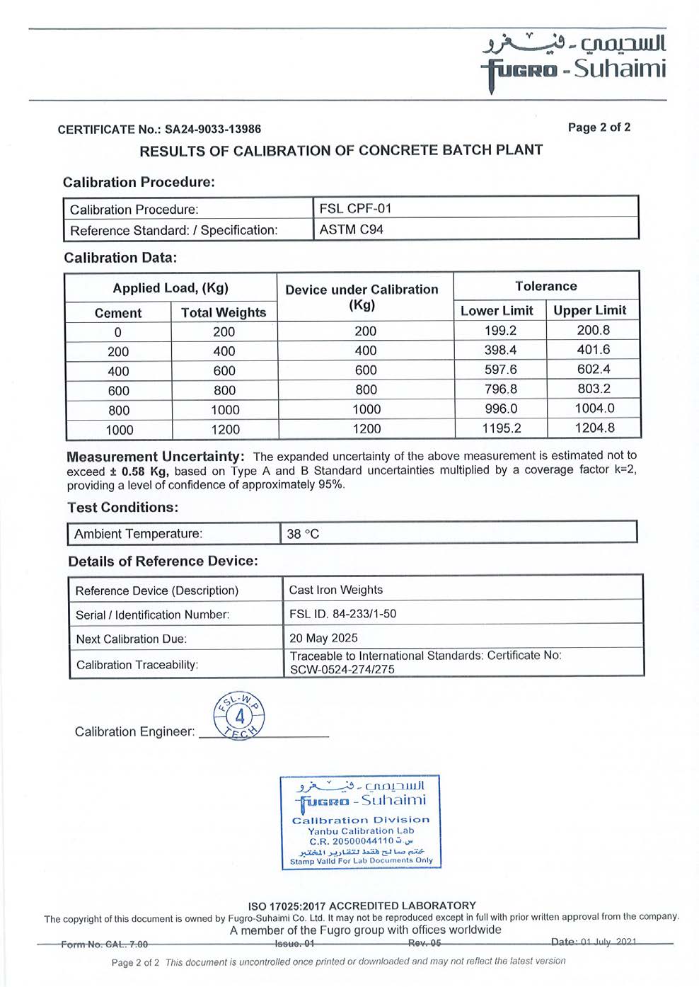 Mixing Plant Standards Certificate 11