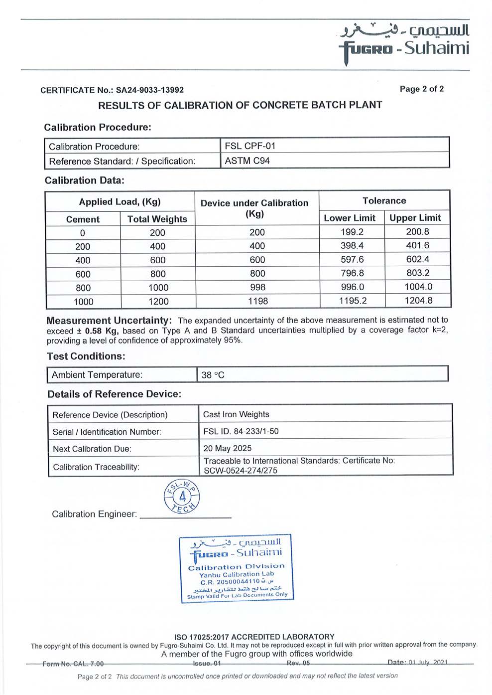 Mixing Plant Standards Certificate 20
