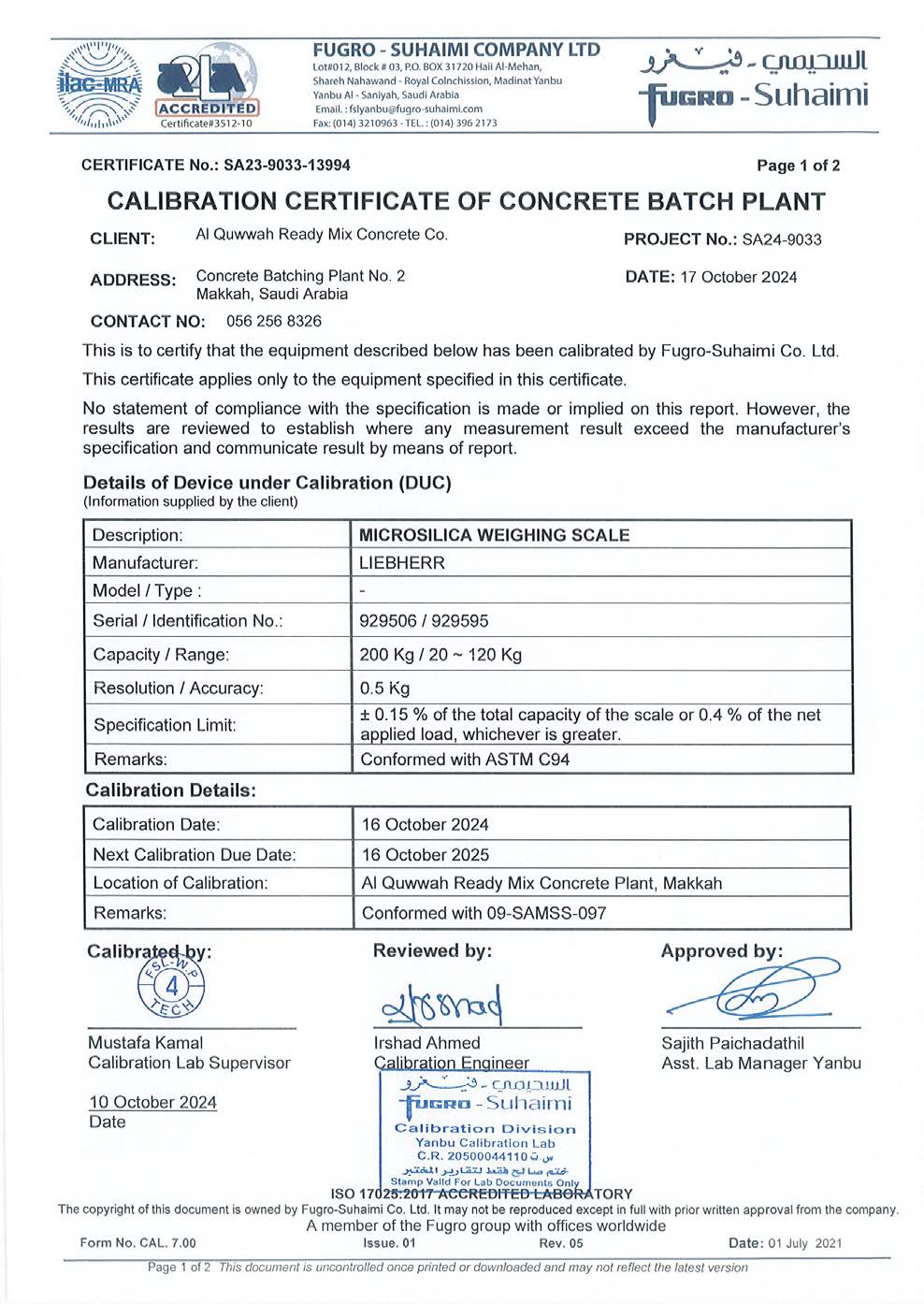 Mixing Plant Standards Certificate 23