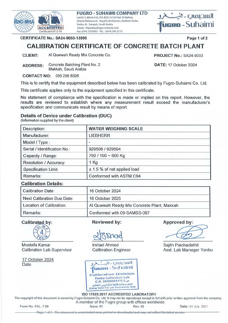 Mixing Plant Standards Certificate 25