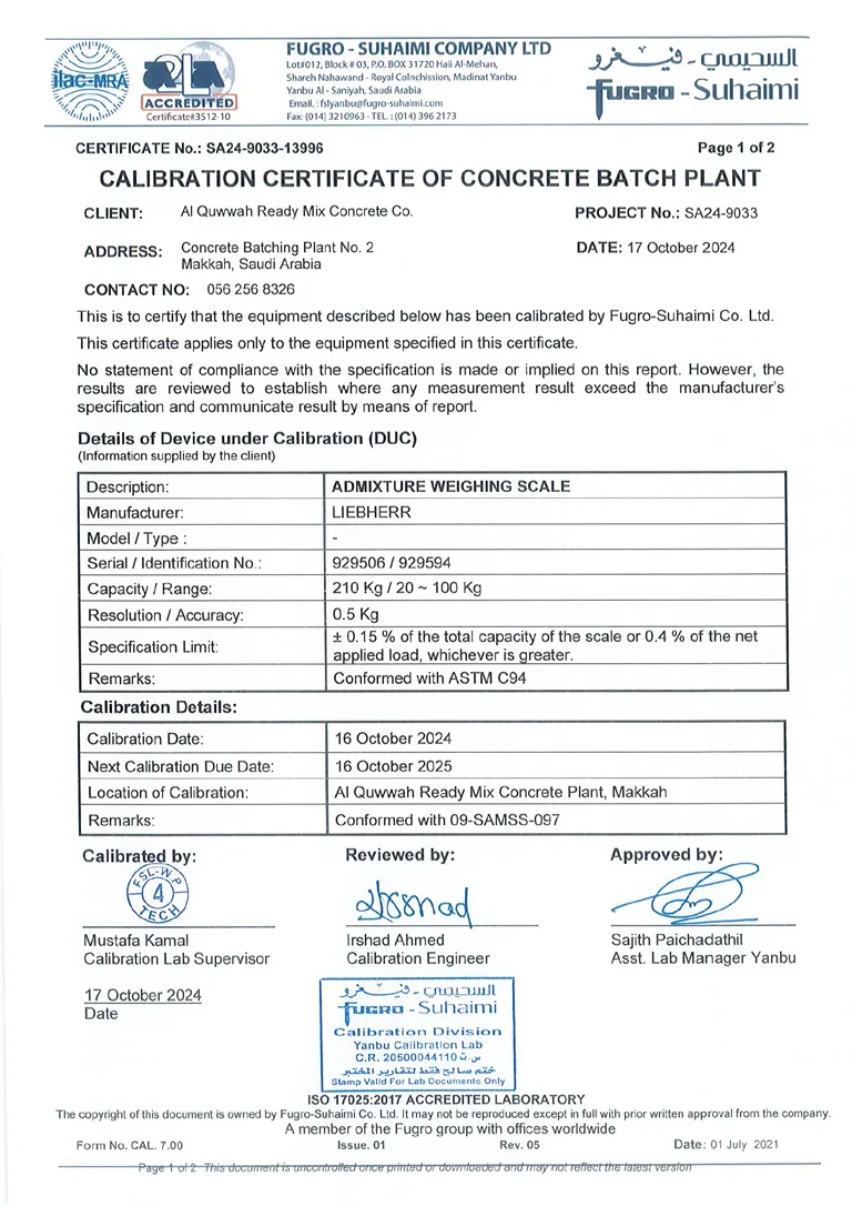 Mixing Plant Standards Certificate 27